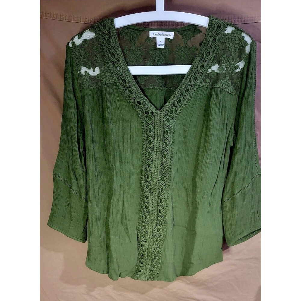 John Paul Richard Womens Medium Blouse Top Green Tunic Crochet floral Lace Boho